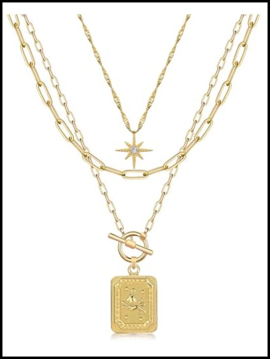 Jewelry - 14K Gold Plated Brass Layered Necklace Set with Paperclip Chains and Zodiac